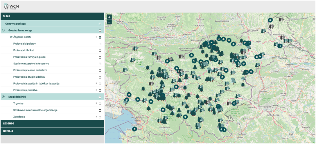 Slika 1: Zemljevid deležnikov gozdno lesne verige v svoji novi podobi omogoča enostaven pregled vsem zainteresiranim uporabnikom