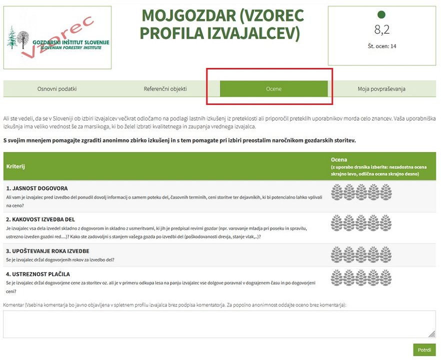 Slika 4: Modul za oceno izvajalca v spletnem sistemu MojGozdar
