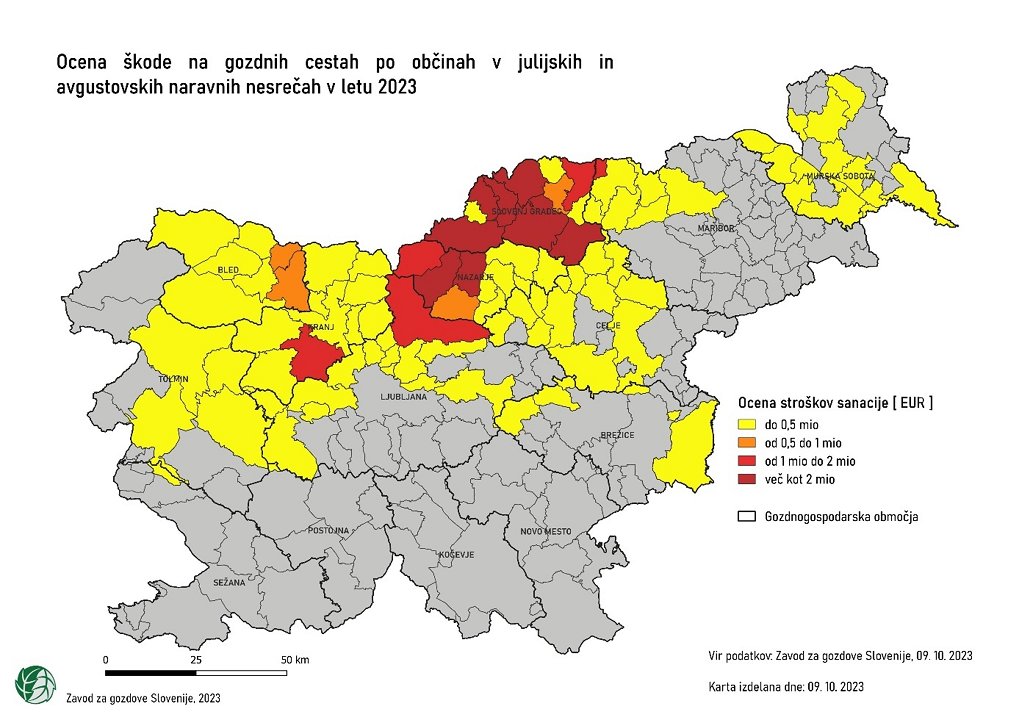 Slika 1: Poškodovanost gozdnih cest v obilnih padavinah v avgustu 2023 po občinah (vir: Zavod za gozdove Slovenije)