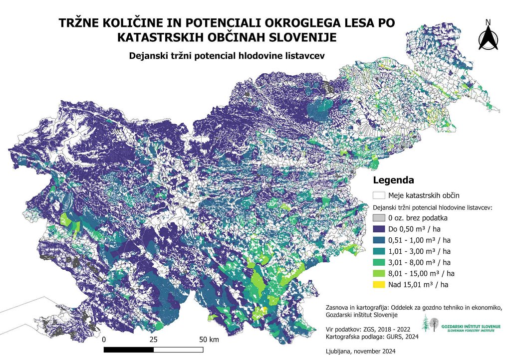 Slika 2: Dejanski tržni potencial hlodovine listavcev v slovenskih gozdovih v obdobju 2018-2022 (podatki so prikazani v enoti kubični meter na hektar)