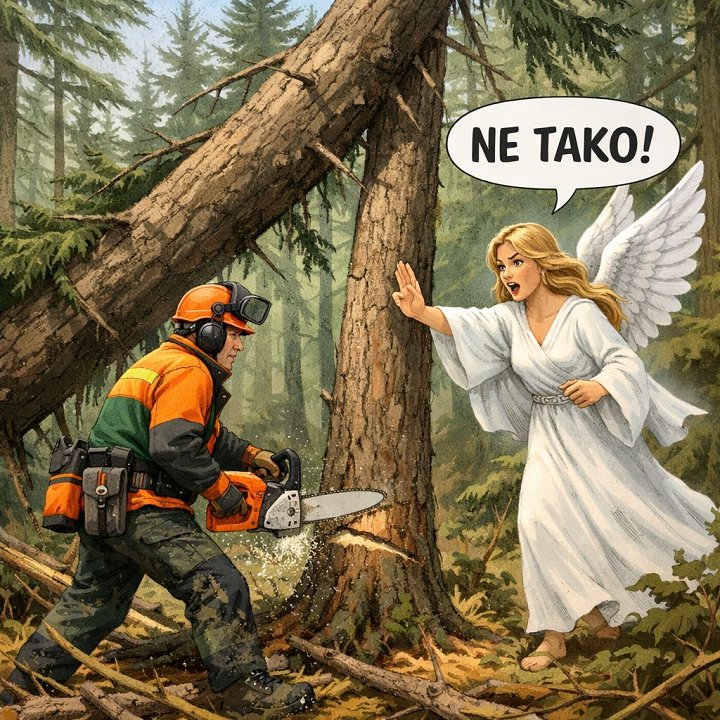 Slika 1: Obviselega drevesa nikoli ne sproščamo s podiranjem drugega drevesa. To je smrtno nevarno početje in v nasprotju z vsemi pravili varnega dela v gozdu. Slika je ustvarjena s ChatGPT. Slika 1: Obviselega drevesa nikoli ne sproščamo s podiranjem drugega drevesa. To je smrtno nevarno početje in v nasprotju z vsemi pravili varnega dela v gozdu. Slika je ustvarjena s ChatGPT.